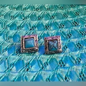 Vintage Sterling Silver Turquoise Square Stud Earrings